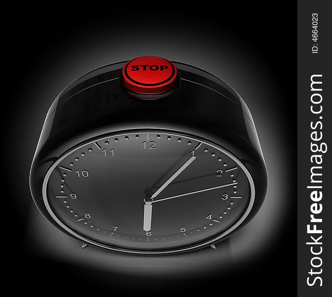 Black alarm clock with red button on black background