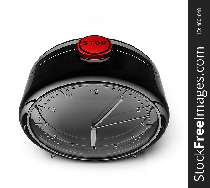 Black alarm clock with red button on white background