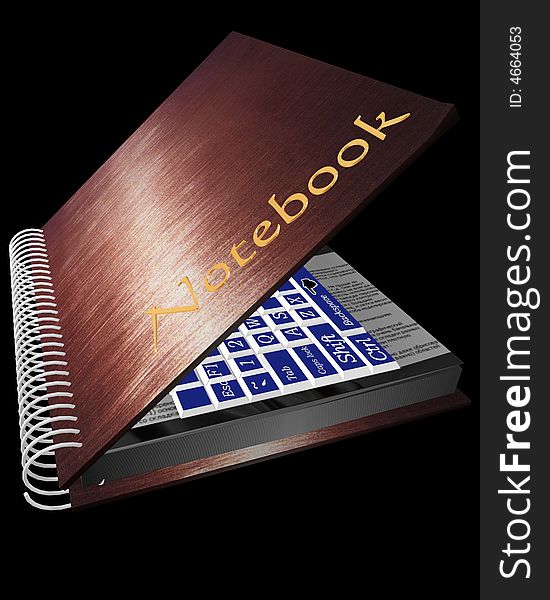 The note book with the keyboard on a black background