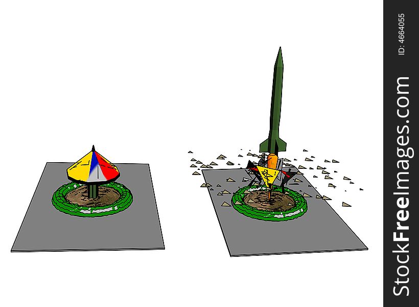 Rocket and sandbox on a white background. 3D image.
