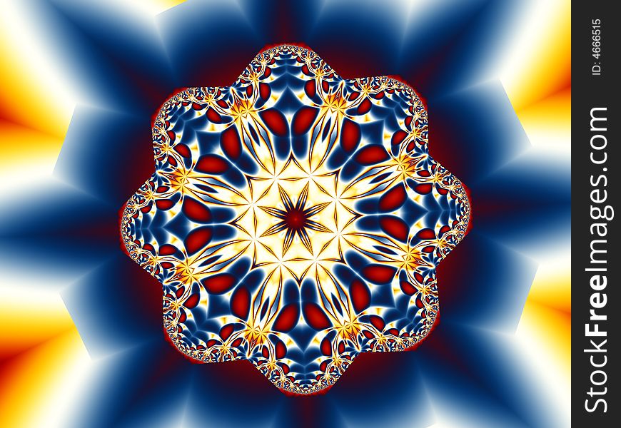 A fancy fractal medallion in gold, blue and burgundy.