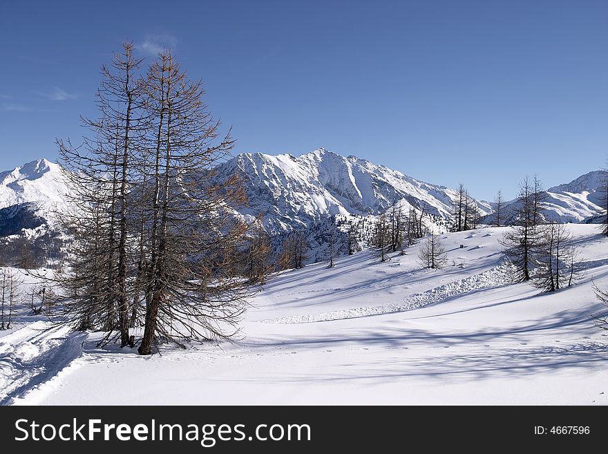 A snow covered meadow and ski trail in the Italian Alps with craggy peaks in the background. A snow covered meadow and ski trail in the Italian Alps with craggy peaks in the background.