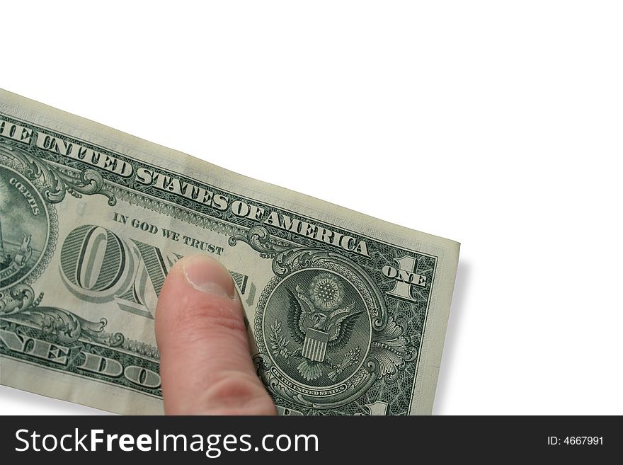 Male finger on one dollar banknote on white background. Male finger on one dollar banknote on white background