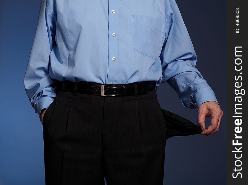 Businessman with empty black pockets. Businessman with empty black pockets