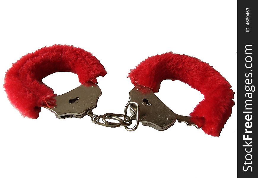 Red handcuffs made up of fur and iron