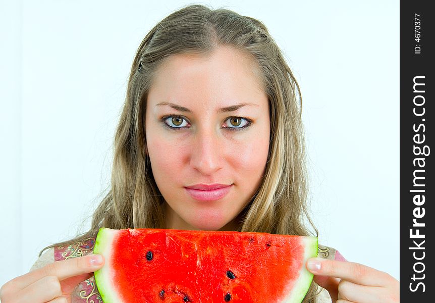 Lovely girl with red water-melon in her hands. Lovely girl with red water-melon in her hands