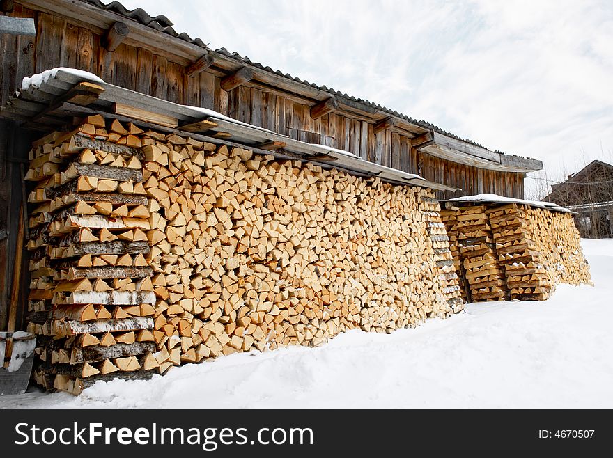 Woodpile stock in the village