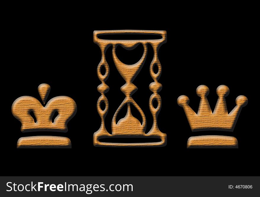 Abstract illustration - chess and sand-glass on the black background