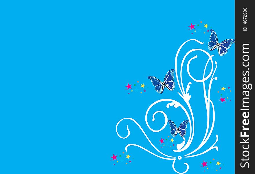 Blue background with white swirl, butterflies and colored stars. Blue background with white swirl, butterflies and colored stars