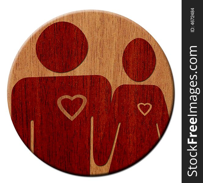 There is a medallion. There are a man and a woman shaking their hands. They are made of wood, on a wood background. There is a medallion. There are a man and a woman shaking their hands. They are made of wood, on a wood background.