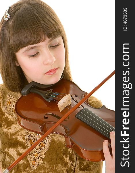 Girl with violin isolated over white background