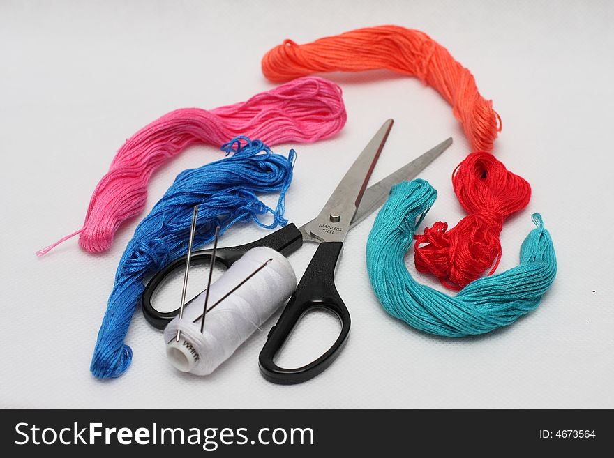 Embroidery, set, threads, scissors, a needle, the coil, red, dark blue, pink, white, manufacture, art