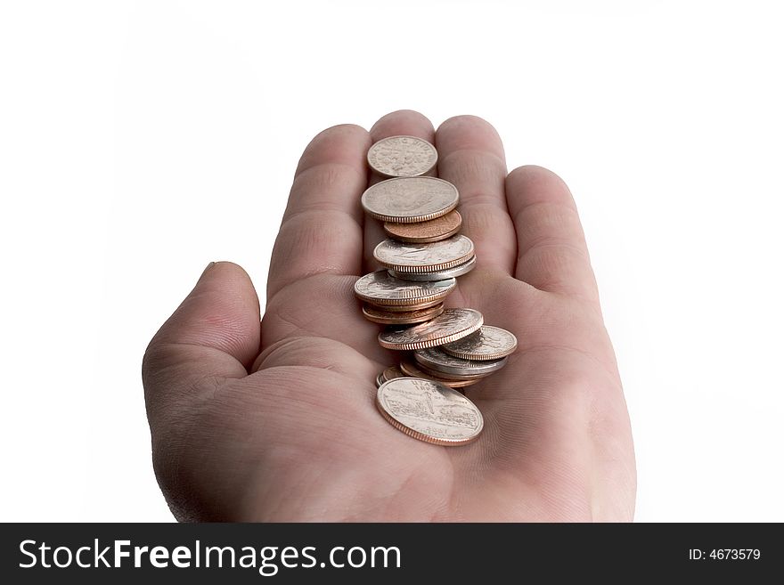 Male right hand holding American coins. Male right hand holding American coins