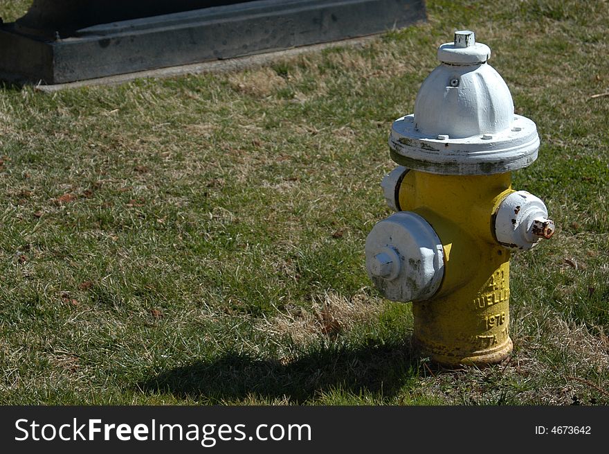 A closeup of a yellow fire hydrant in a small city