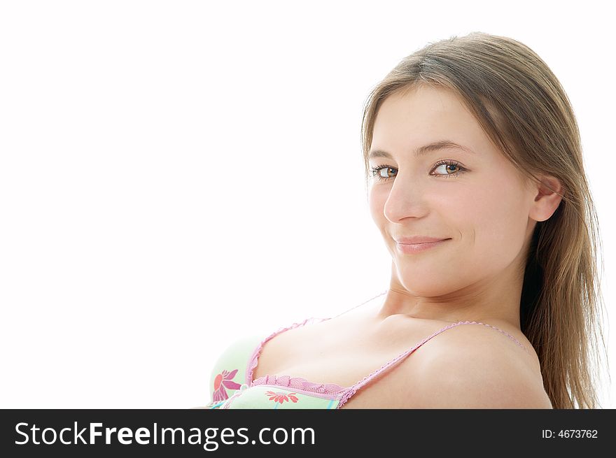 Woman in bra on white background