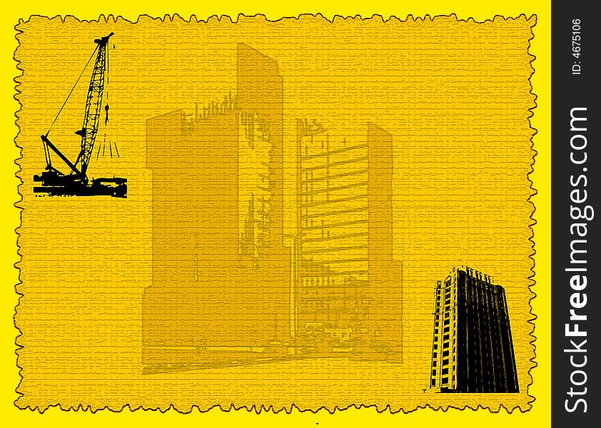 Abstract yellow frame with building shape and crane. Abstract yellow frame with building shape and crane