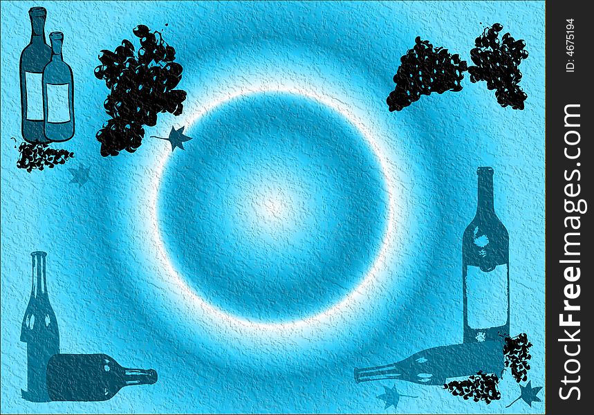 Abstract blue background with various wine bottles and grapes