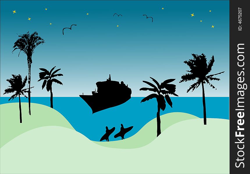 Abstract colored illustration with palms, ship, seagulls and surfers. Abstract colored illustration with palms, ship, seagulls and surfers