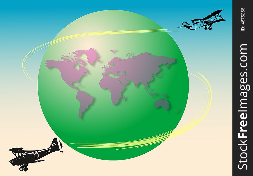 Abstract colored illustration with world map and planes flying