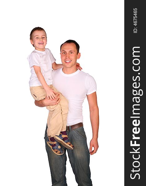 Father holds son on white