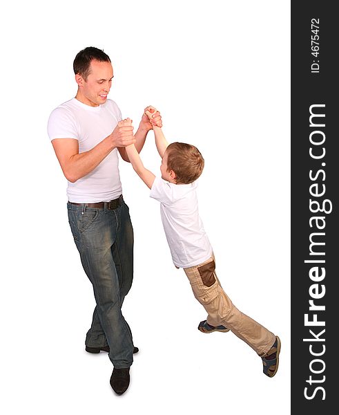 Father with son playing on white