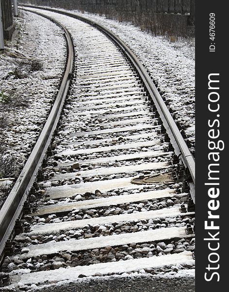 Close up of trolley track after a snowfall. Close up of trolley track after a snowfall