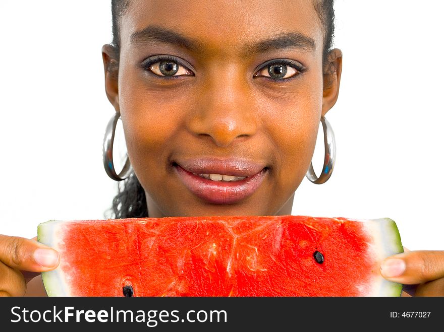 Portrait of a beautiful african girl with water-melon