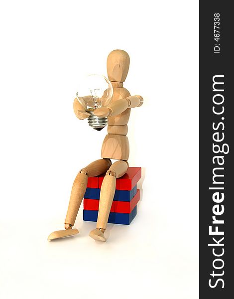 Articulated wooden model with a bulb lamp