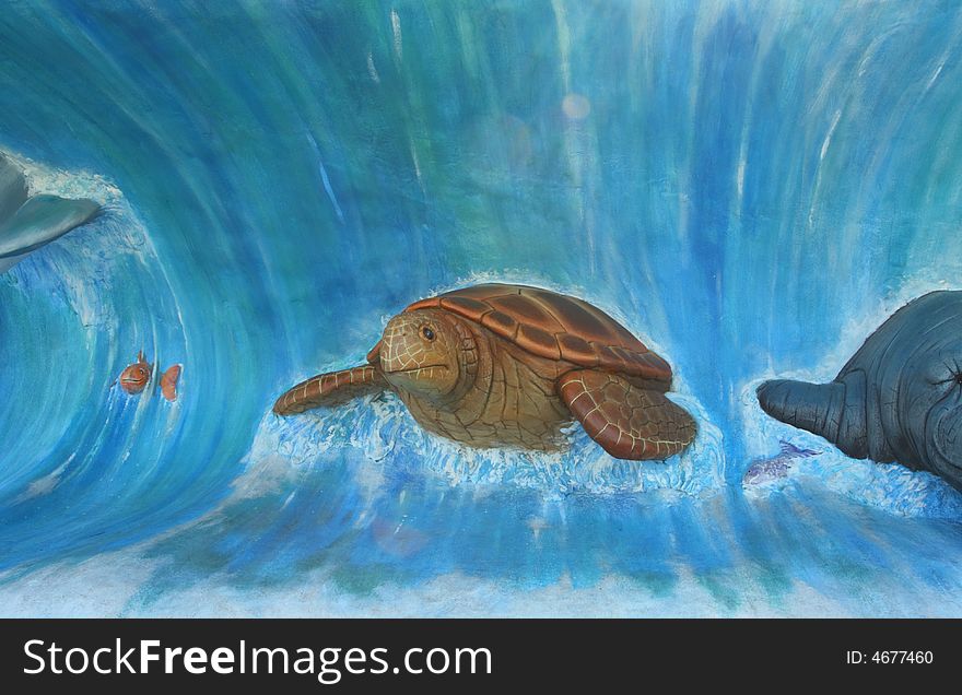 Turtle surfing on a wave. Turtle surfing on a wave