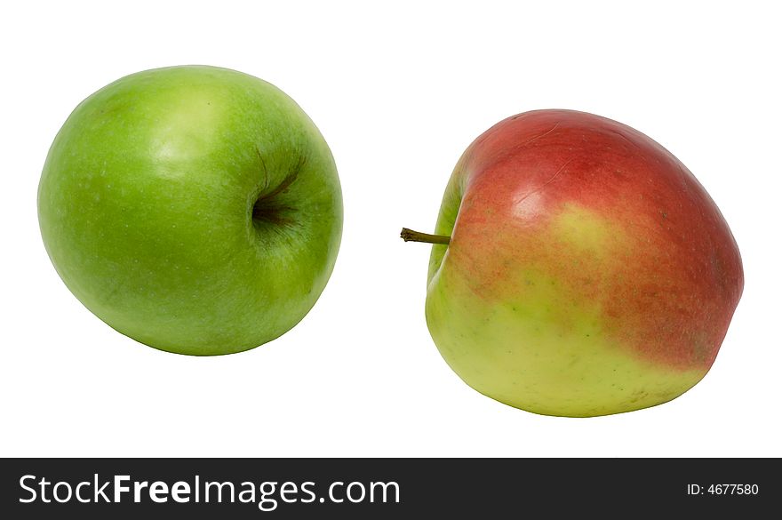 Green and red apples on a white background. Photo.