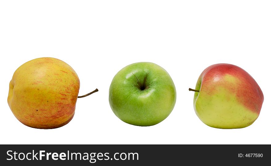 Three apples on a white background. Photo.