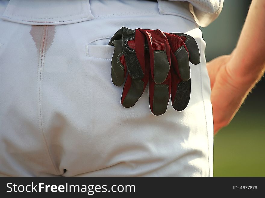 View of baseball player gloves in the pocket