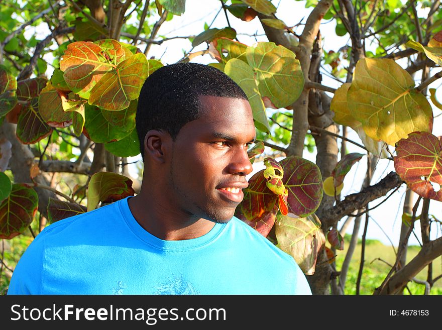 Attractive man with green trees in the background. Attractive man with green trees in the background.