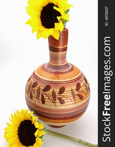 Yellow sunflower mexican design pottery white background