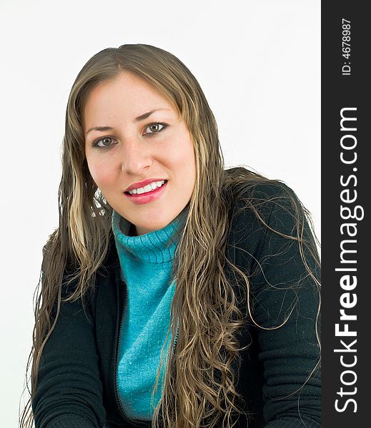 Smiling young lady in black and blue