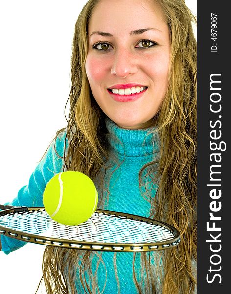 Smiling young woman with racket and yellow ball. Smiling young woman with racket and yellow ball