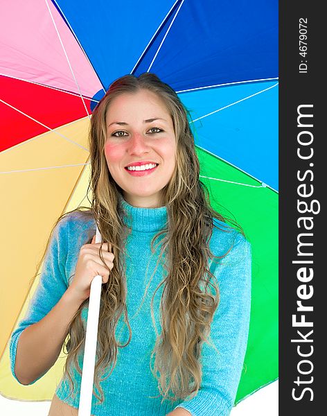 Gorgeous lady with large colorful umbrella