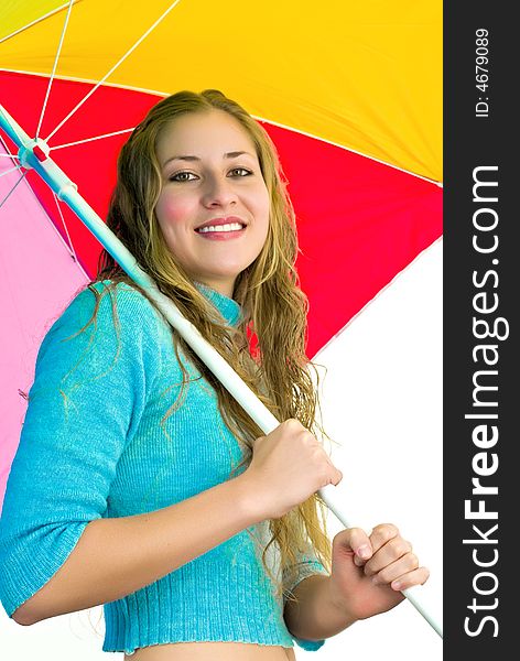 Gorgeous lady with large colorful umbrella. Gorgeous lady with large colorful umbrella