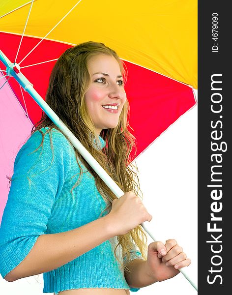 Gorgeous lady with large colorful umbrella. Gorgeous lady with large colorful umbrella