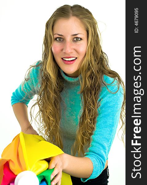 Lady Attacking With Large Colorful Umbrella