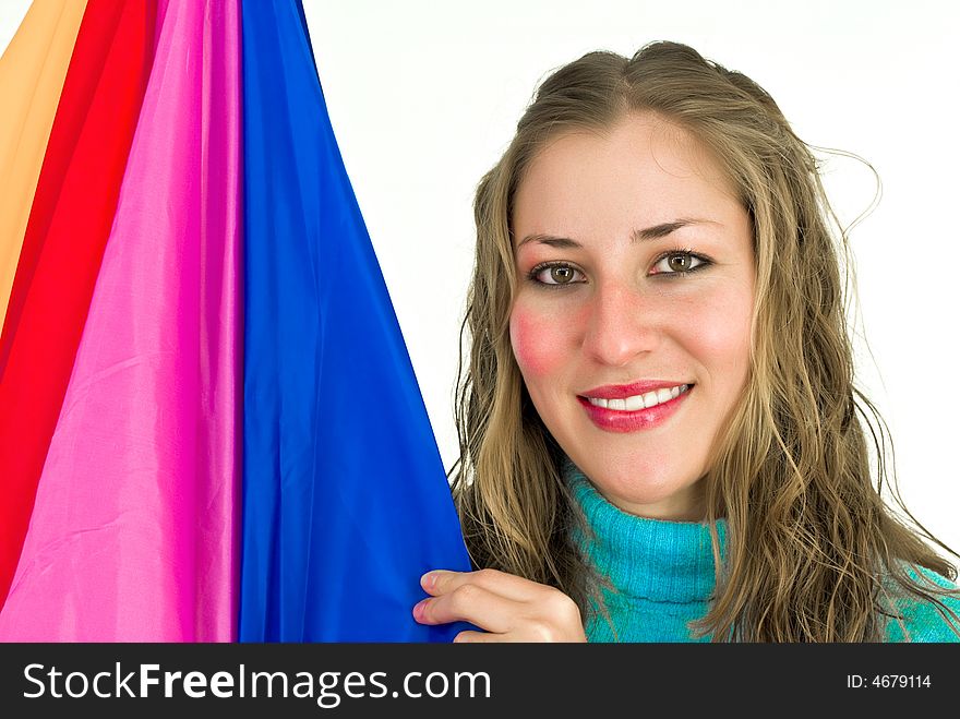 Joyfully smiling young woman with a blue-purple and red-yellow flag. Joyfully smiling young woman with a blue-purple and red-yellow flag