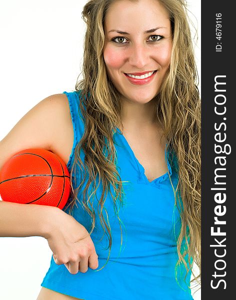 Smiling lady in blue with a small red ball in hands. Smiling lady in blue with a small red ball in hands