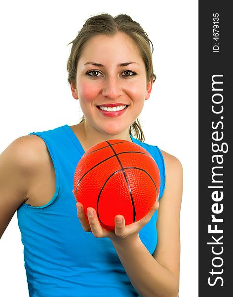 Smiling lady in blue with a small red ball in hands. Smiling lady in blue with a small red ball in hands