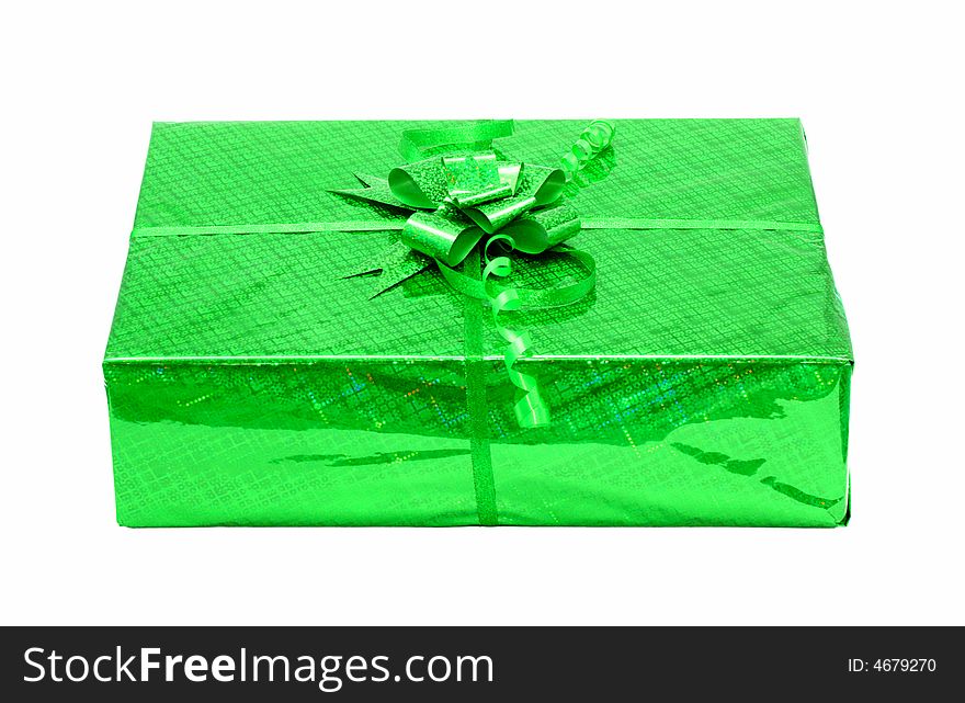 Green celebratory gift box isolated on white
