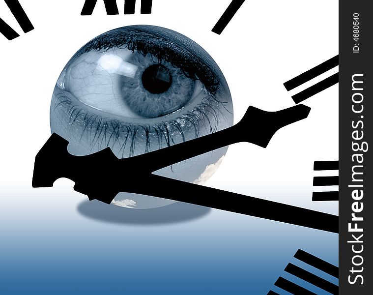 Clock face overlaid onto composite eye inside of globe. Clock face overlaid onto composite eye inside of globe