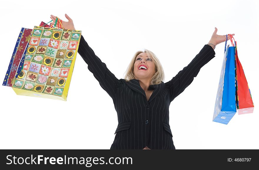 Expressive woman  on white background  shopping. Expressive woman  on white background  shopping