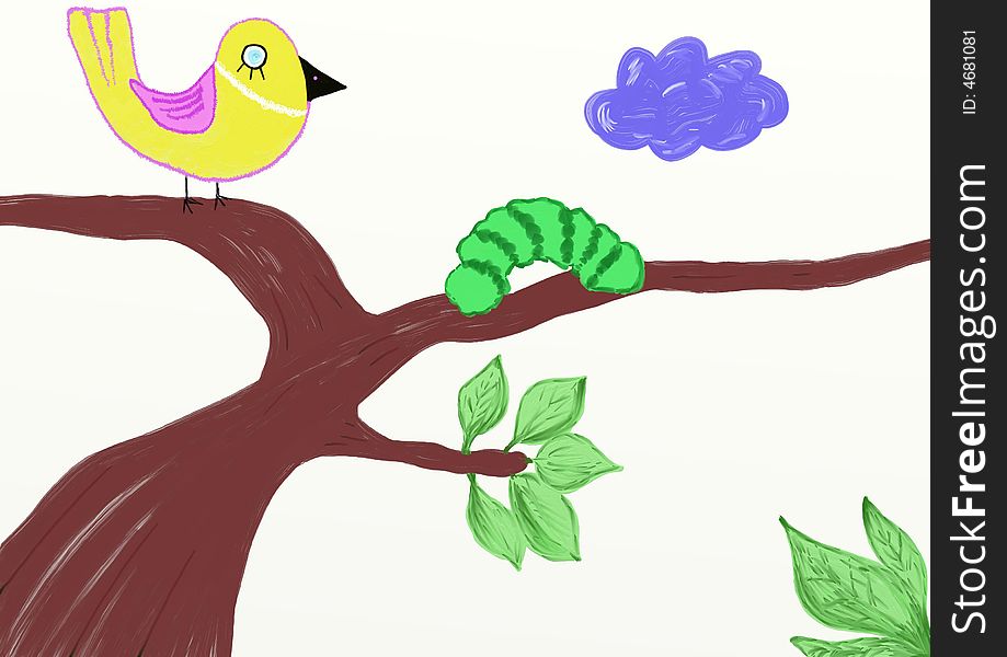 The birdy sitting on a tree and looking at a caterpillar. The raster image.