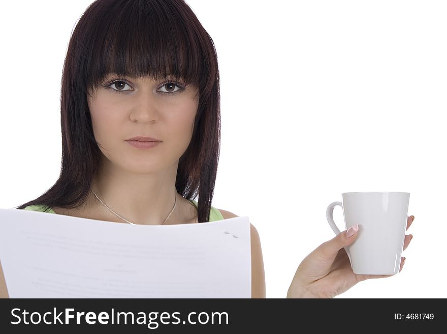 Woman with document and cup. Woman with document and cup