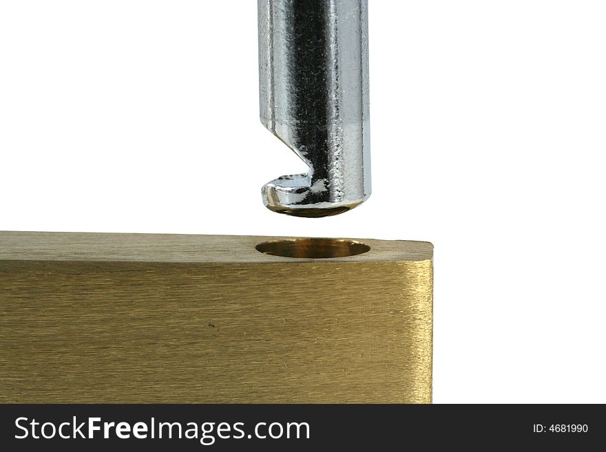 A Isolated Brass open lock on white macro