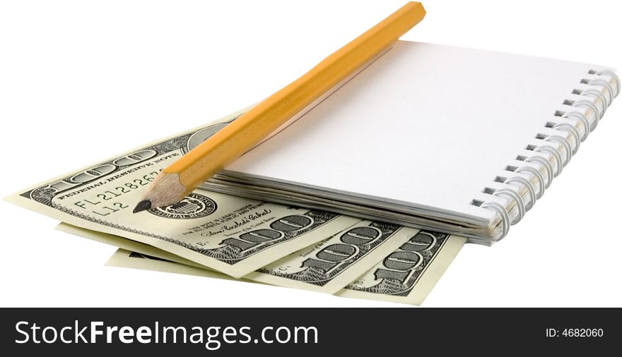 Isolated dollars, phone and notebook. Isolated dollars, phone and notebook